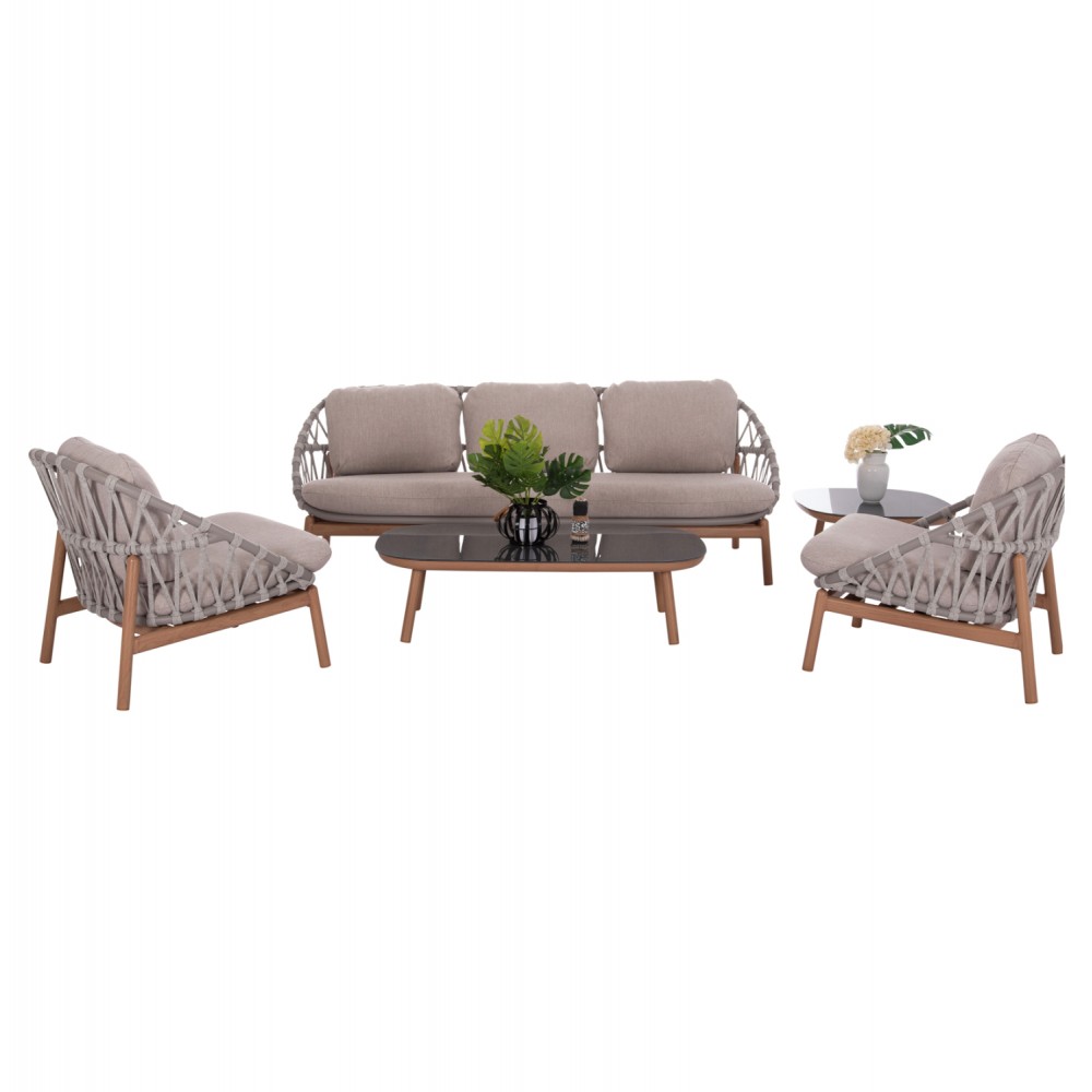 Σετ σαλόνι "KROM" 5τμχ από αλουμίνιο/σχοινί/3D γυαλί σε χρώμα φυσικό/γκρι 120x65x31.5