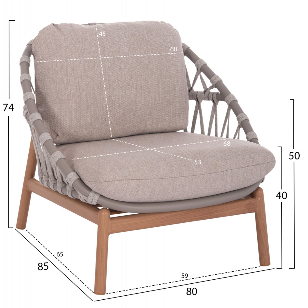 Σετ σαλόνι "KROM" 5τμχ από αλουμίνιο/σχοινί/3D γυαλί σε χρώμα φυσικό/γκρι 120x65x31.5