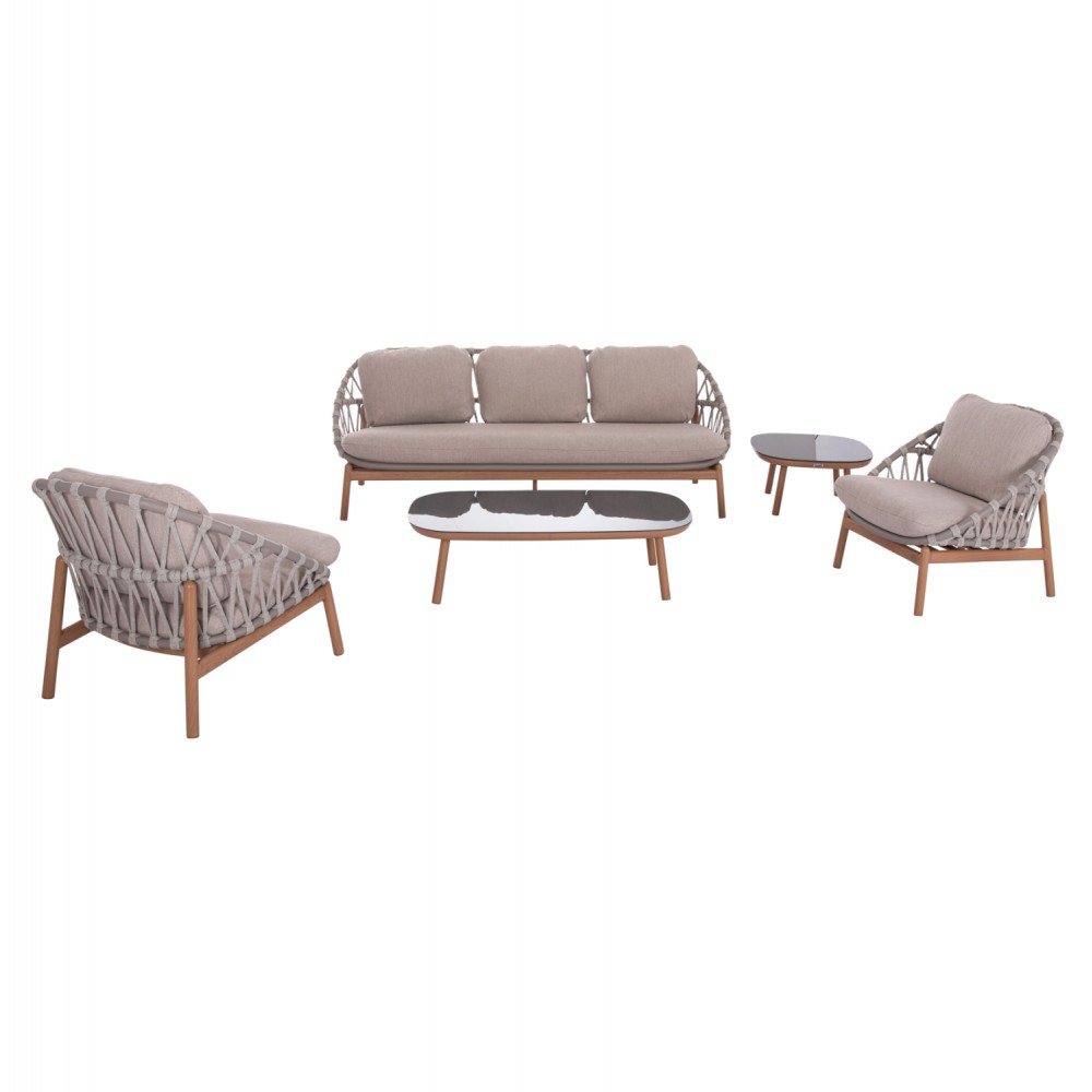 Σετ σαλόνι "KROM" 5τμχ από αλουμίνιο/σχοινί/3D γυαλί σε χρώμα φυσικό/γκρι 120x65x31.5