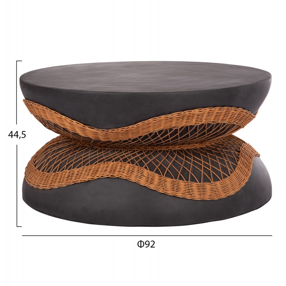 Τραπέζι σαλονιού "ANNA" από fiber cement/rattan σε χρώμα μαύρο/φυσικό Φ92x44.5