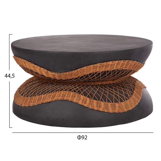 Τραπέζι σαλονιού "ANNA" από fiber cement/rattan σε χρώμα μαύρο/φυσικό Φ92x44.5