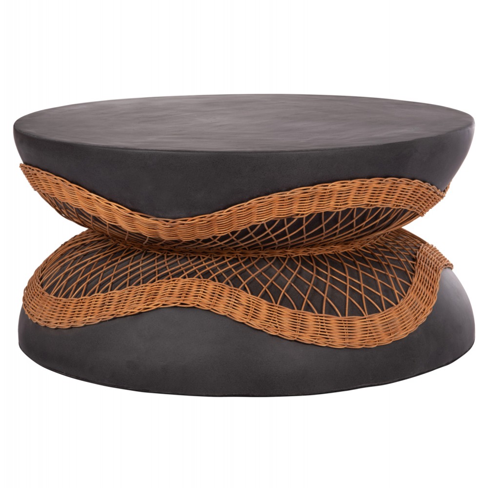 Τραπέζι σαλονιού "ANNA" από fiber cement/rattan σε χρώμα μαύρο/φυσικό Φ92x44.5