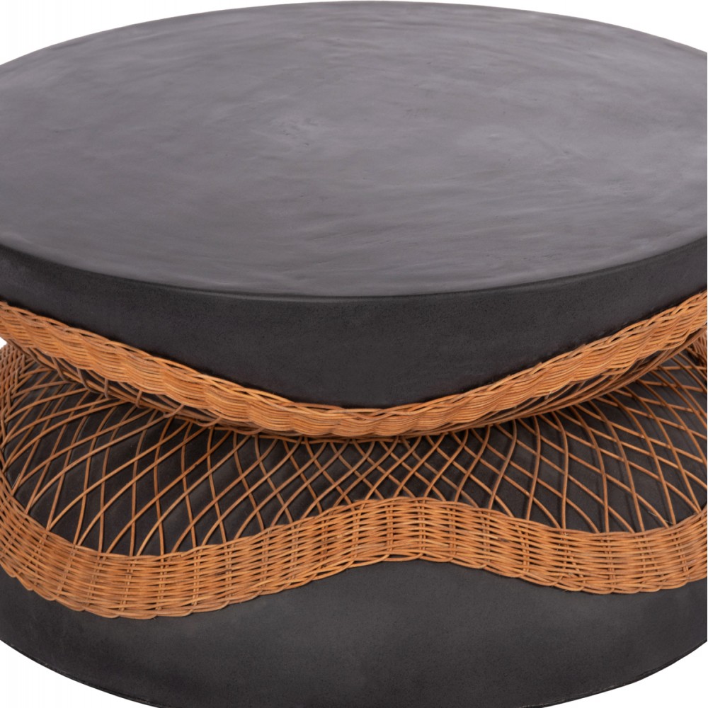 Τραπέζι σαλονιού "ANNA" από fiber cement/rattan σε χρώμα μαύρο/φυσικό Φ92x44.5