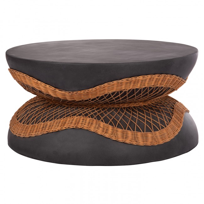 Τραπέζι σαλονιού "ANNA" από fiber cement/rattan σε χρώμα μαύρο/φυσικό Φ92x44.5