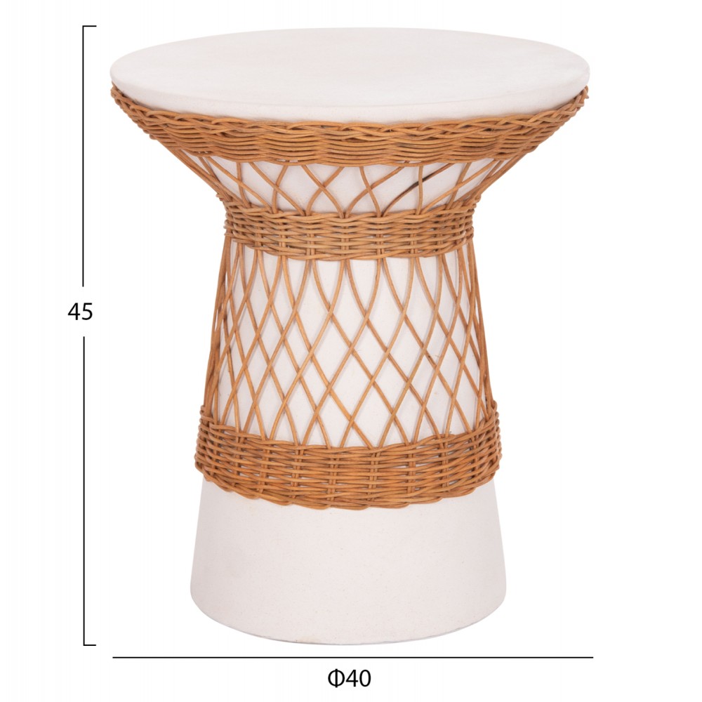 Τραπέζι βοηθητικό "DELIA" από fiber cement/rattan σε χρώμα λευκό/φυσικό Φ40x45