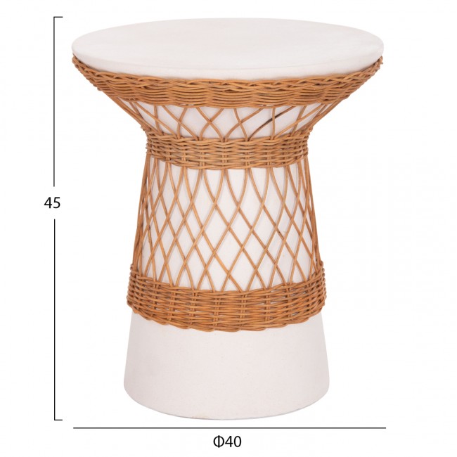 Τραπέζι βοηθητικό "DELIA" από fiber cement/rattan σε χρώμα λευκό/φυσικό Φ40x45