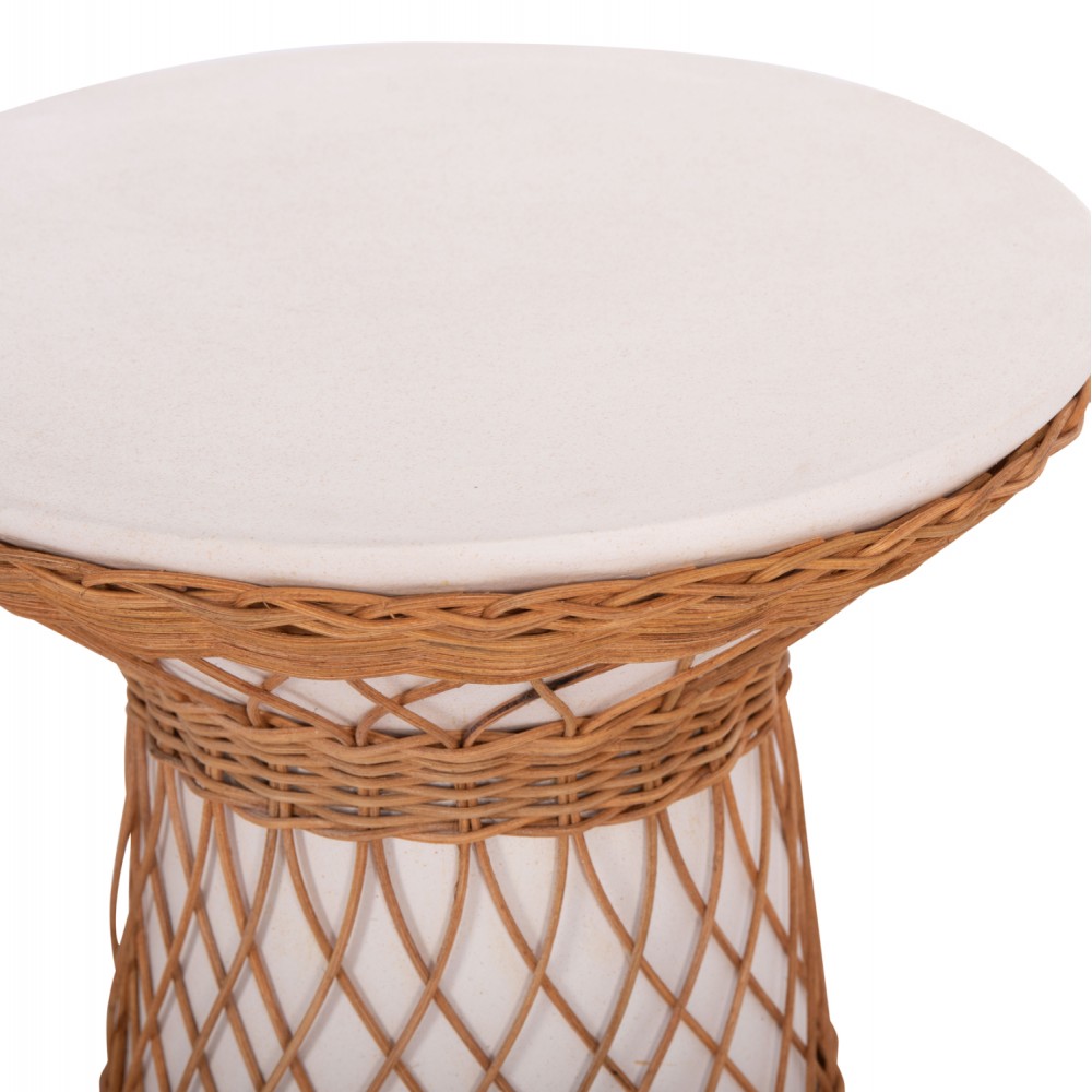 Τραπέζι βοηθητικό "DELIA" από fiber cement/rattan σε χρώμα λευκό/φυσικό Φ40x45