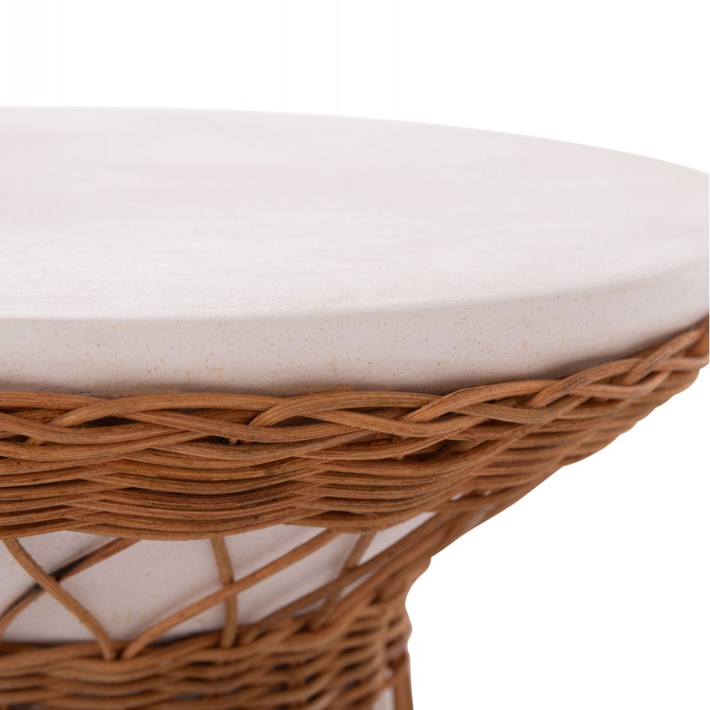 Τραπέζι βοηθητικό "DELIA" από fiber cement/rattan σε χρώμα λευκό/φυσικό Φ40x45