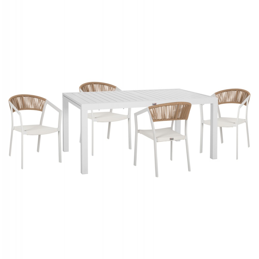 Σετ τραπεζαρίας "KRUM" 5τμχ από αλουμίνιο/rattan σε χρώμα λευκό/μπεζ 160-240x90x73