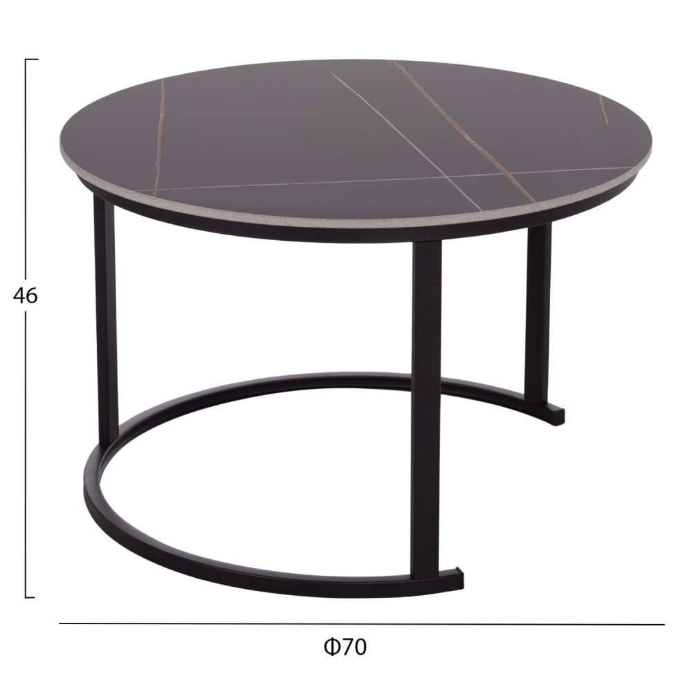 Σετ τραπέζια σαλονιού "TALOS" 2τμχ από μέταλλο/κεραμικό σε χρώμα μαύρο μαρμάρου Φ70x45.5