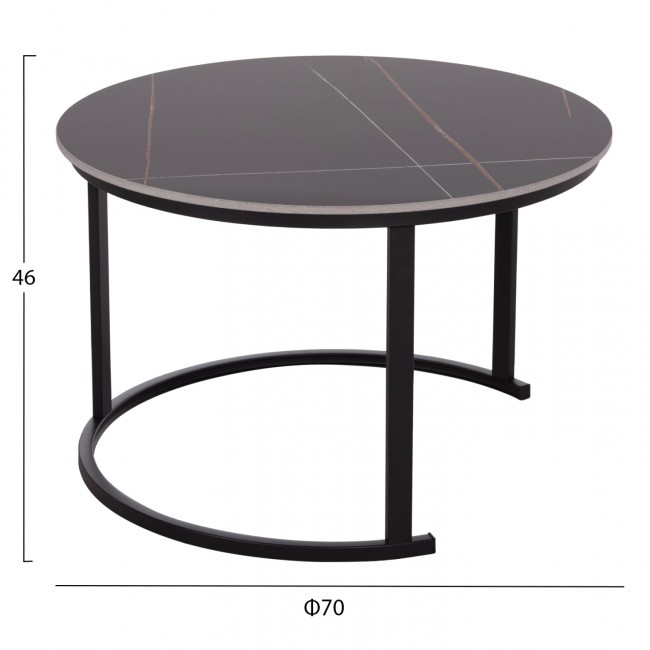 Σετ τραπέζια σαλονιού "TALOS" 2τμχ από μέταλλο/κεραμικό σε χρώμα μαύρο μαρμάρου Φ70x45.5