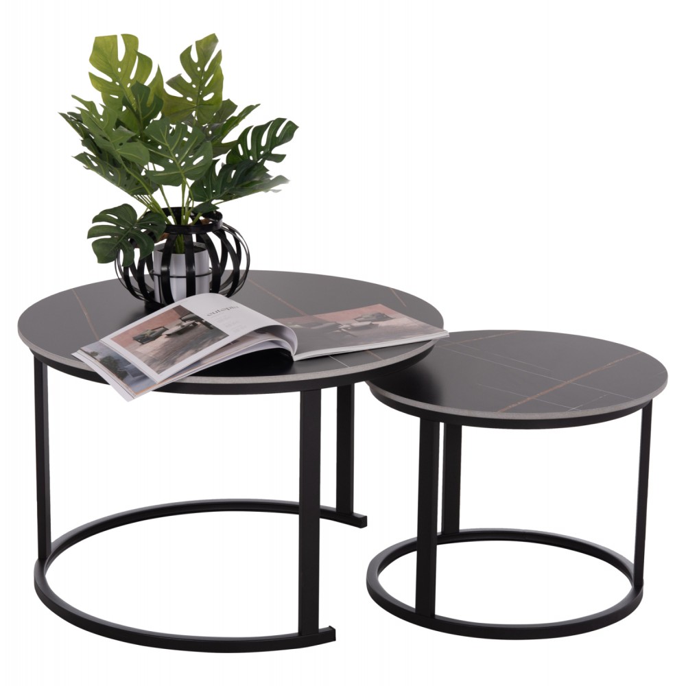 Σετ τραπέζια σαλονιού "TALOS" 2τμχ από μέταλλο/κεραμικό σε χρώμα μαύρο μαρμάρου Φ70x45.5