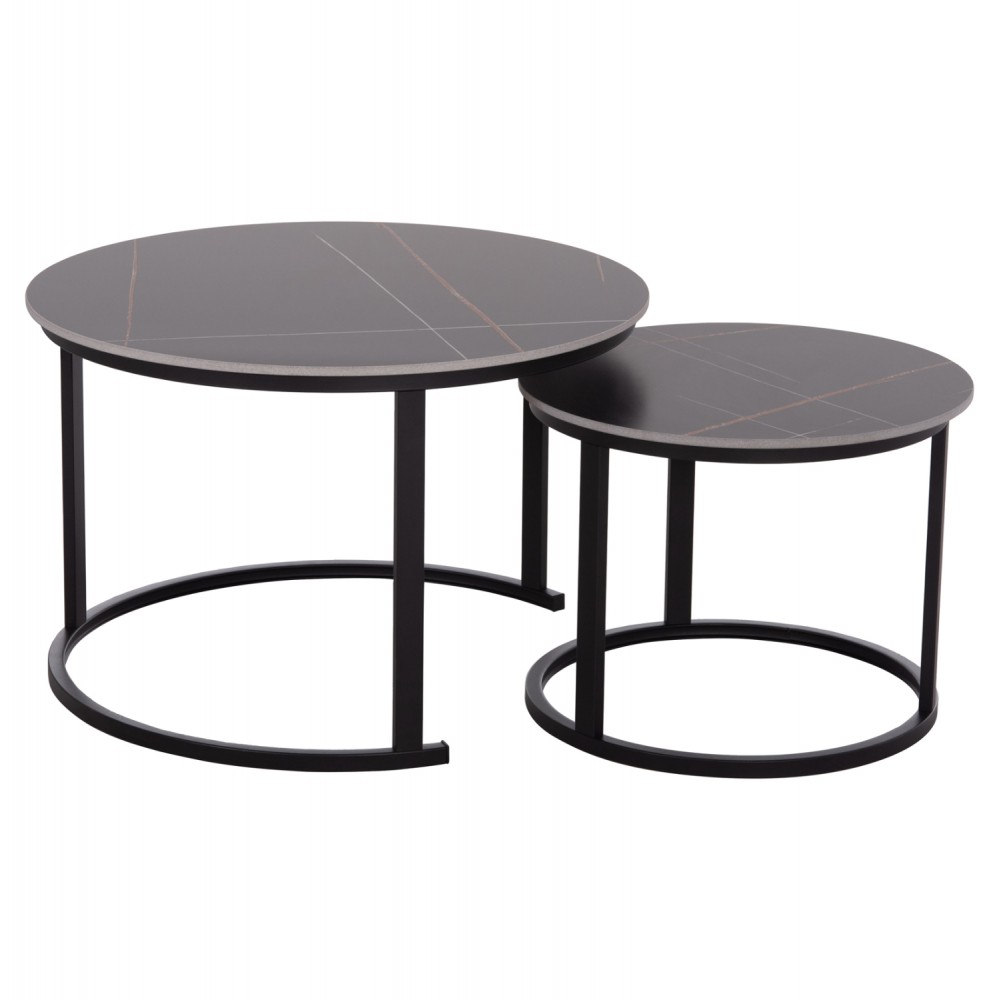Σετ τραπέζια σαλονιού "TALOS" 2τμχ από μέταλλο/κεραμικό σε χρώμα μαύρο μαρμάρου Φ70x45.5
