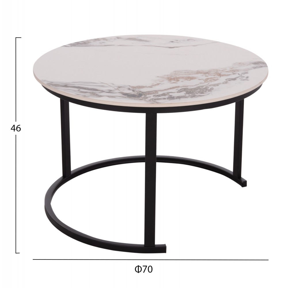 Σετ τραπέζια σαλονιού "TALOS" 2τμχ από μέταλλο/κεραμικό σε χρώμα μαύρο/λευκό-καφέ μαρμάρου Φ70x45.5