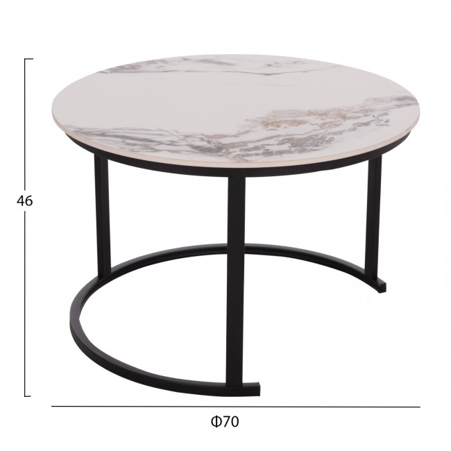 Σετ τραπέζια σαλονιού "TALOS" 2τμχ από μέταλλο/κεραμικό σε χρώμα μαύρο/λευκό-καφέ μαρμάρου Φ70x45.5
