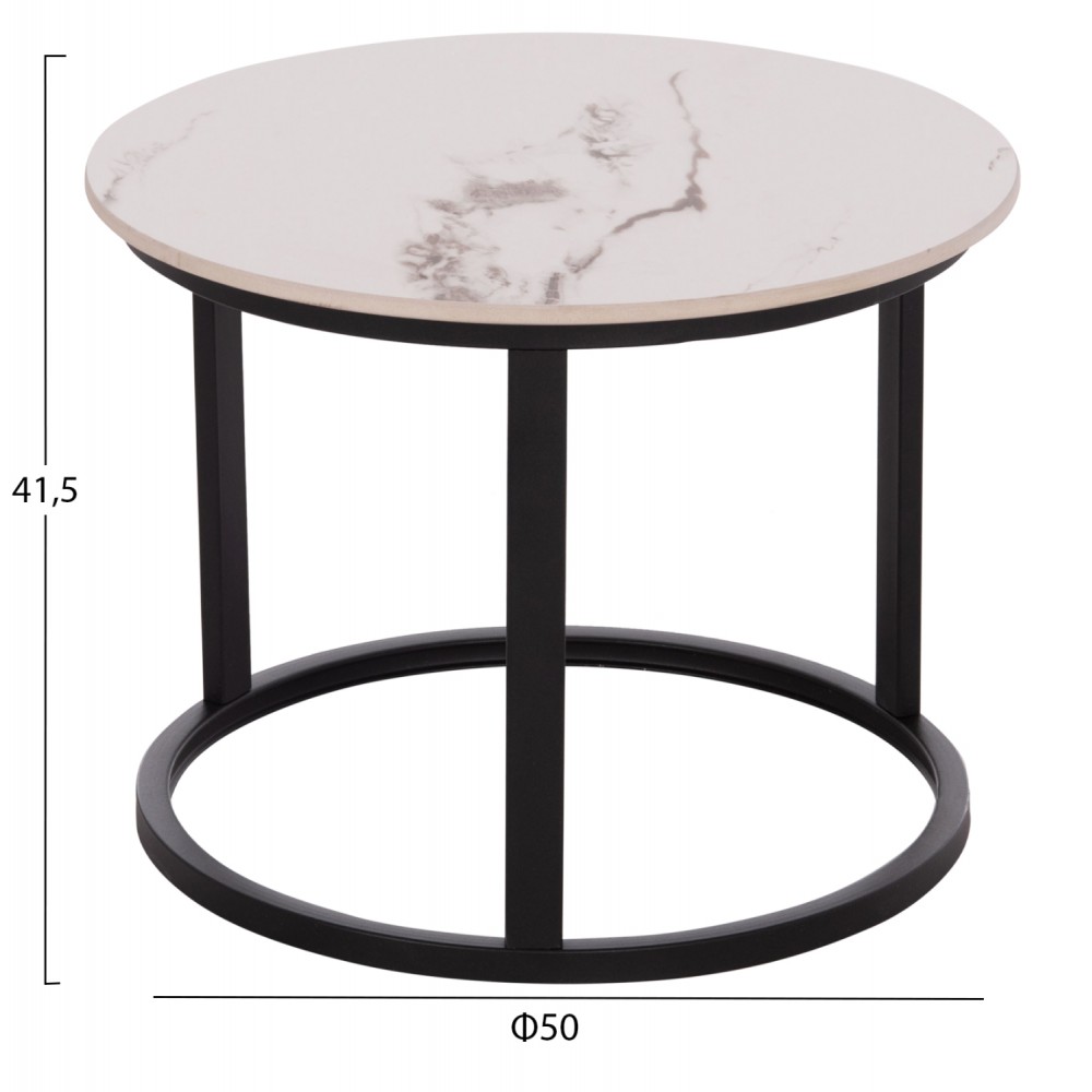 Σετ τραπέζια σαλονιού "TALOS" 2τμχ από μέταλλο/κεραμικό σε χρώμα μαύρο/λευκό-καφέ μαρμάρου Φ70x45.5