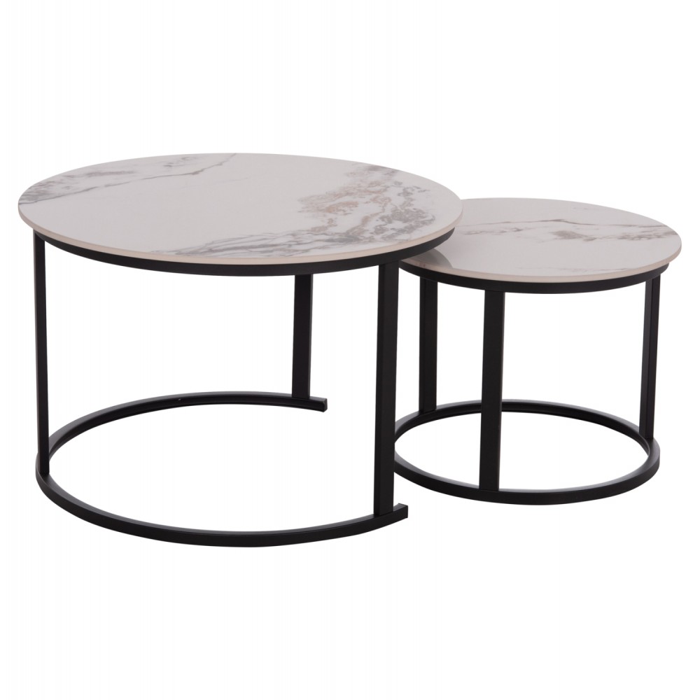 Σετ τραπέζια σαλονιού "TALOS" 2τμχ από μέταλλο/κεραμικό σε χρώμα μαύρο/λευκό-καφέ μαρμάρου Φ70x45.5