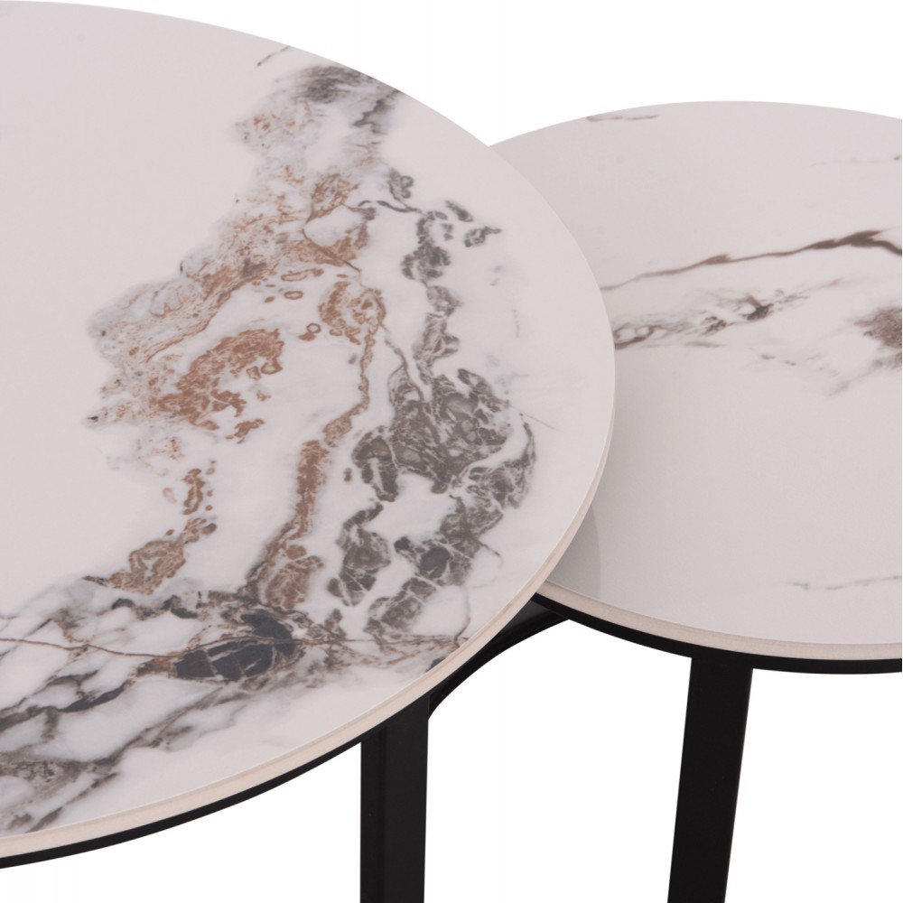 Σετ τραπέζια σαλονιού "TALOS" 2τμχ από μέταλλο/κεραμικό σε χρώμα μαύρο/λευκό-καφέ μαρμάρου Φ70x45.5