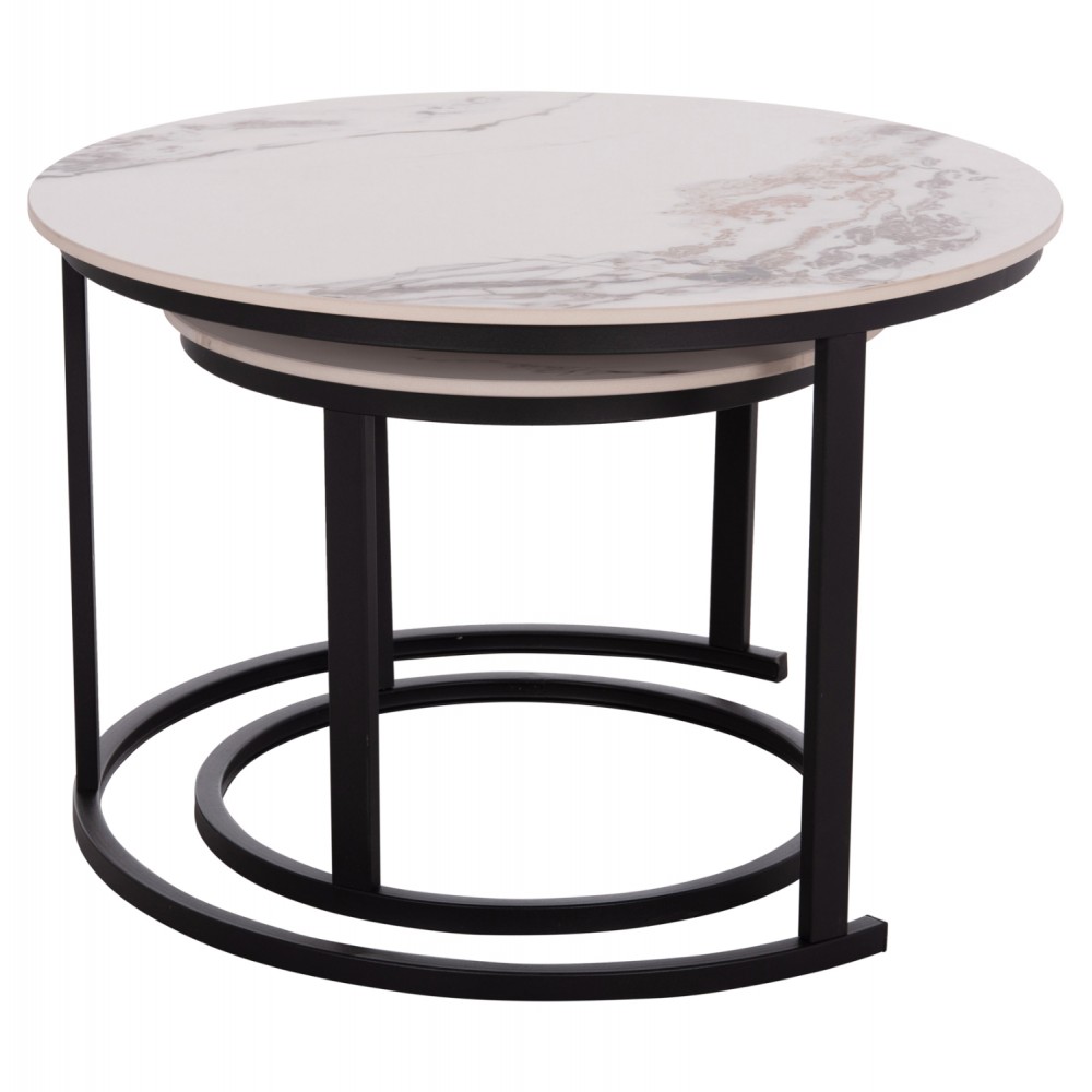 Σετ τραπέζια σαλονιού "TALOS" 2τμχ από μέταλλο/κεραμικό σε χρώμα μαύρο/λευκό-καφέ μαρμάρου Φ70x45.5