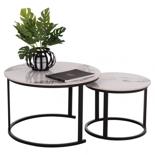 Σετ τραπέζια σαλονιού "TALOS" 2τμχ από μέταλλο/κεραμικό σε χρώμα μαύρο/λευκό-καφέ μαρμάρου Φ70x45.5