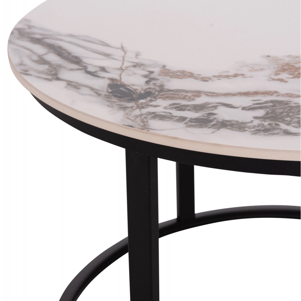 Σετ τραπέζια σαλονιού "TALOS" 2τμχ από μέταλλο/κεραμικό σε χρώμα μαύρο/λευκό-καφέ μαρμάρου Φ70x45.5