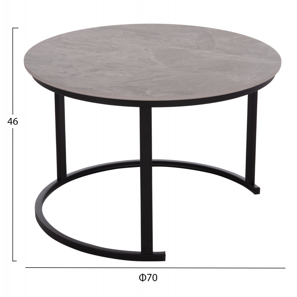 Σετ τραπέζια σαλονιού "TALOS" 2τμχ από μέταλλο/κεραμικό σε χρώμα μαύρο/γκρι μαρμάρου Φ70x45.5