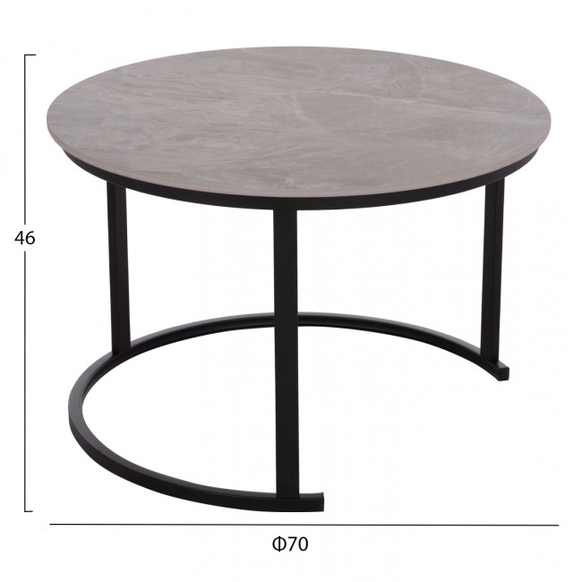 Σετ τραπέζια σαλονιού "TALOS" 2τμχ από μέταλλο/κεραμικό σε χρώμα μαύρο/γκρι μαρμάρου Φ70x45.5