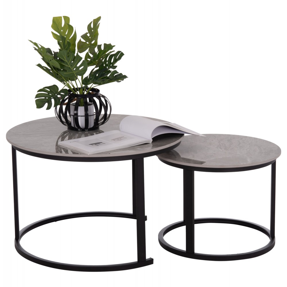 Σετ τραπέζια σαλονιού "TALOS" 2τμχ από μέταλλο/κεραμικό σε χρώμα μαύρο/γκρι μαρμάρου Φ70x45.5