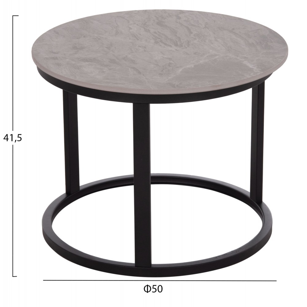 Σετ τραπέζια σαλονιού "TALOS" 2τμχ από μέταλλο/κεραμικό σε χρώμα μαύρο/γκρι μαρμάρου Φ70x45.5