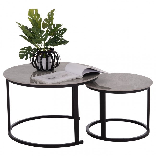 Σετ τραπέζια σαλονιού "TALOS" 2τμχ από μέταλλο/κεραμικό σε χρώμα μαύρο/γκρι μαρμάρου Φ70x45.5