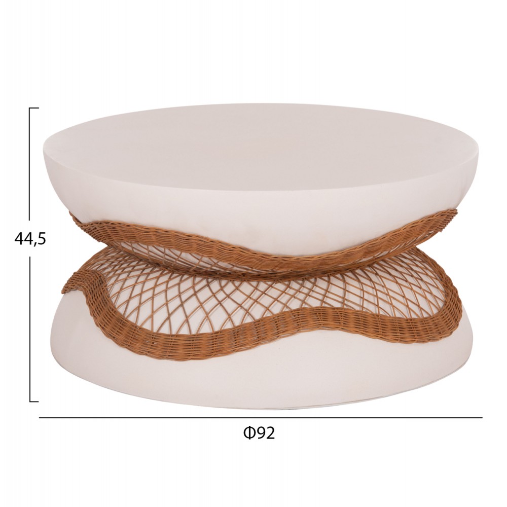 Τραπέζι σαλονιού "ANNA" από fiber cement/rattan σε χρώμα λευκό/φυσικό Φ92x44.5