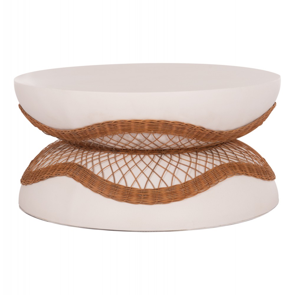 Τραπέζι σαλονιού "ANNA" από fiber cement/rattan σε χρώμα λευκό/φυσικό Φ92x44.5