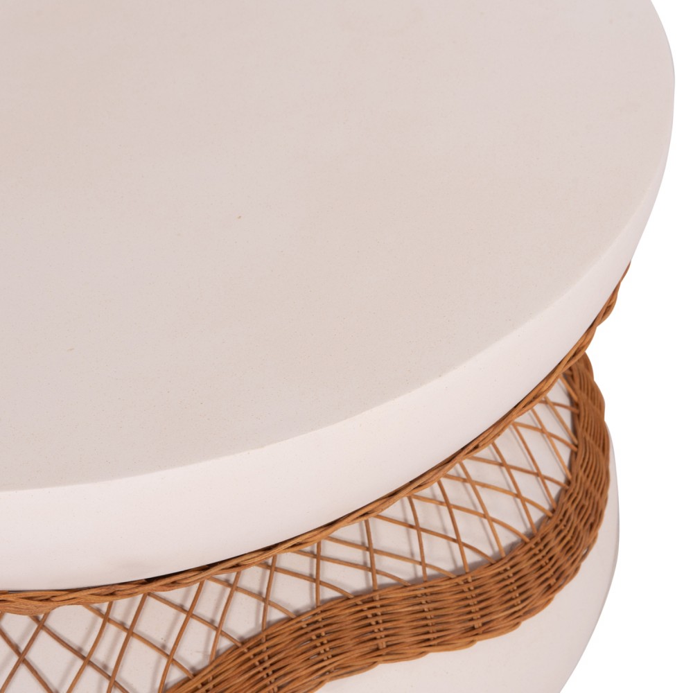 Τραπέζι σαλονιού "ANNA" από fiber cement/rattan σε χρώμα λευκό/φυσικό Φ92x44.5