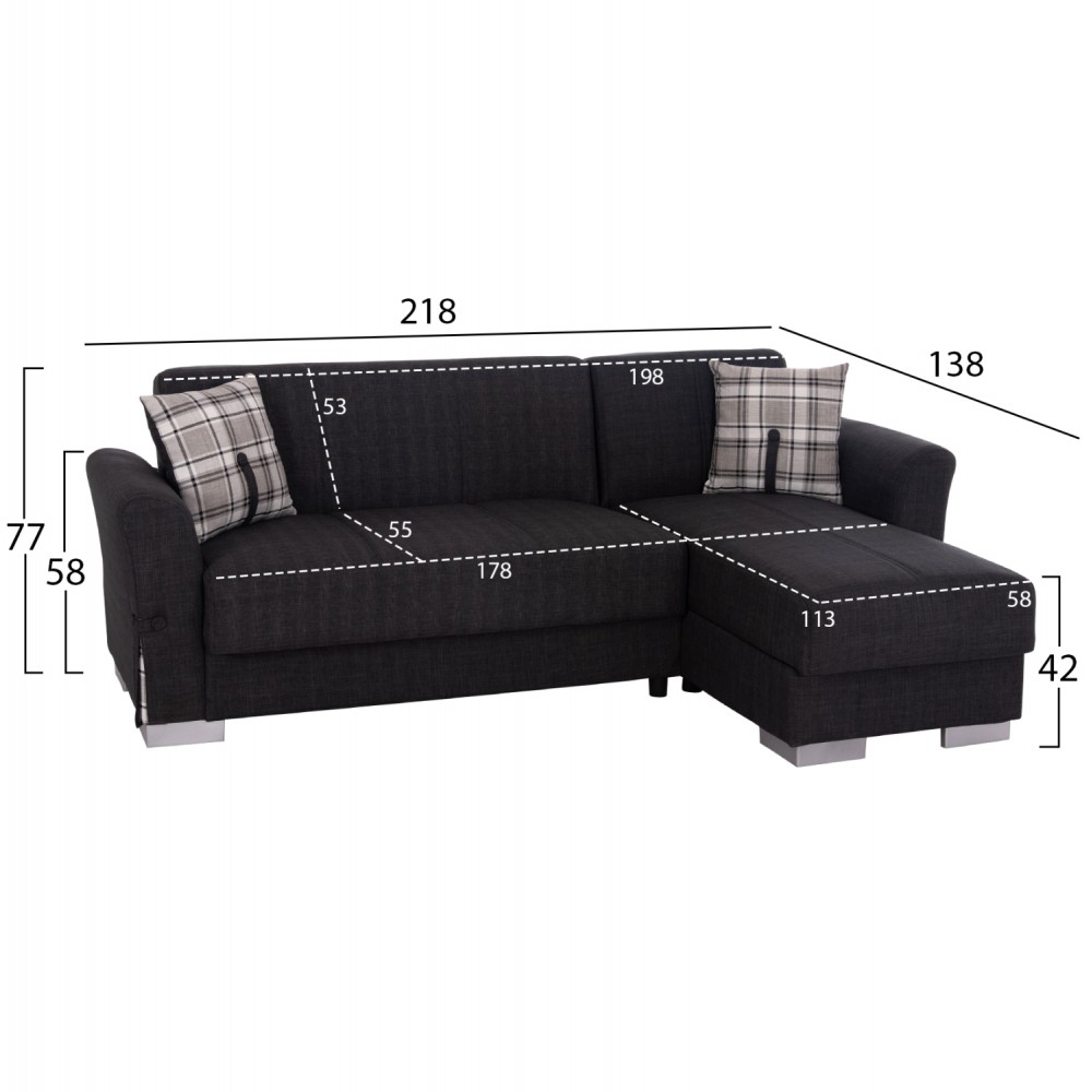 Γωνιακός καναπές-κρεβάτι "BRONKO" με αποθηκευτικό χώρο από ύφασμα σε χρώμα ανθρακί 218x138x77