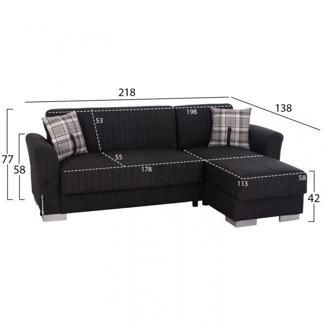 Γωνιακός καναπές-κρεβάτι "BRONKO" με αποθηκευτικό χώρο από ύφασμα σε χρώμα ανθρακί 218x138x77
