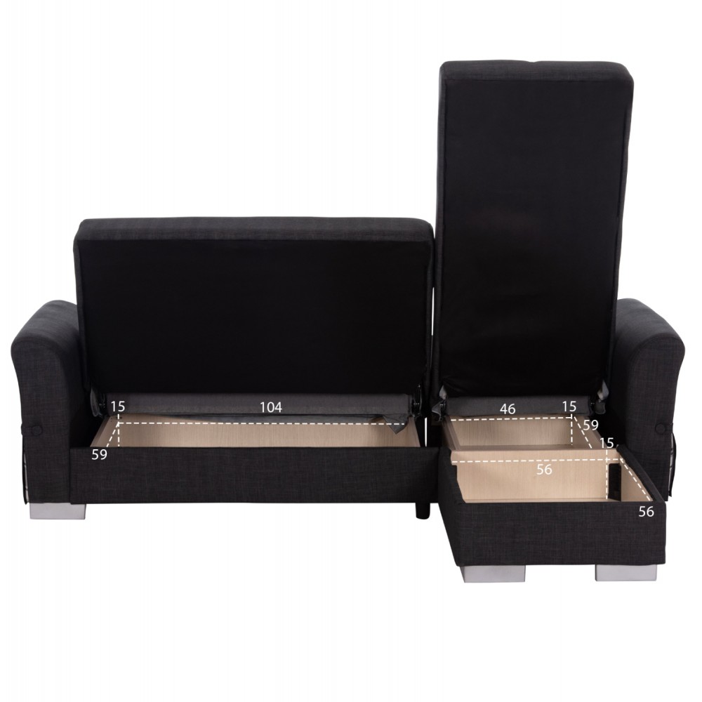 Γωνιακός καναπές-κρεβάτι "BRONKO" με αποθηκευτικό χώρο από ύφασμα σε χρώμα ανθρακί 218x138x77