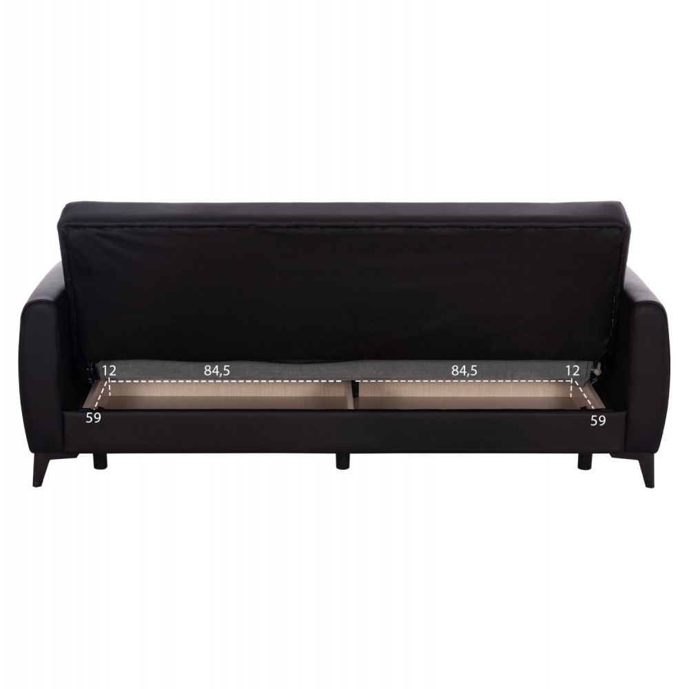 Καναπές-κρεβάτι "NIKKO" τριθέσιος με αποθηκευτικό χώρο από pu σε χρώμα μαύρο 207x80x82