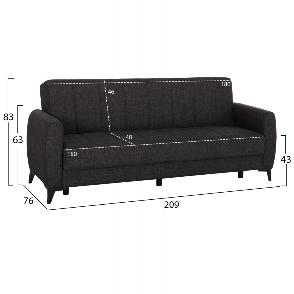 Καναπές-κρεβάτι "NIKKO" τριθέσιος με αποθηκευτικό χώρο από ύφασμα σε χρώμα γκρι 209x76x83