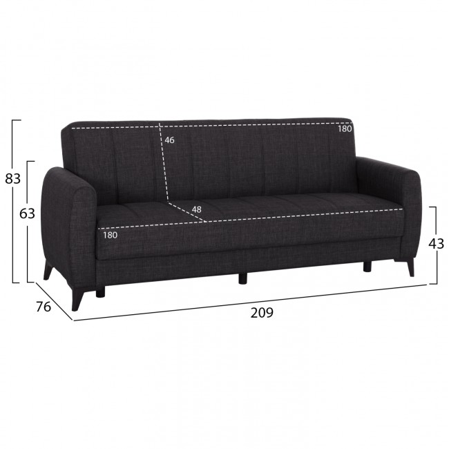 Καναπές-κρεβάτι "NIKKO" τριθέσιος με αποθηκευτικό χώρο από ύφασμα σε χρώμα γκρι 209x76x83