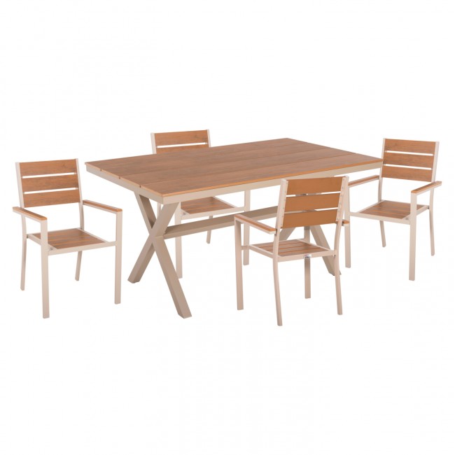 Σετ τραπεζαρίας "SAGA" 5τμχ από αλουμίνιο/polywood σε χρώμα σαμπανί/φυσικό 150x89.5x73