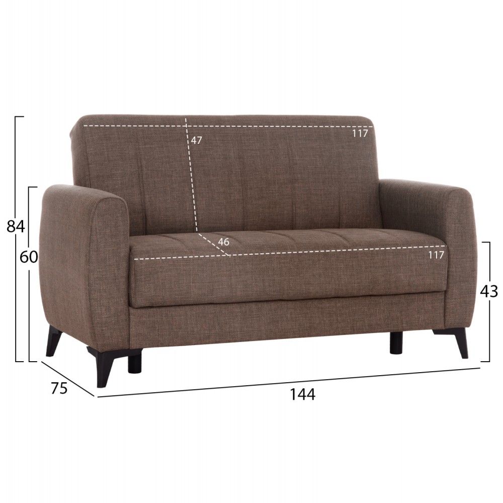Καναπές-κρεβάτι "NIKKO" διθέσιος  με αποθηκευτικό χώρο από ύφασμα σε χρώμα καφέ 144x75x84