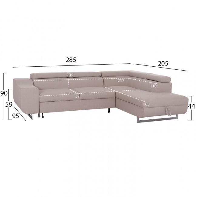 Καναπές-κρεβάτι "ENCORE" δεξιά γωνία με αποθηκευτικό χώρο από ύφασμα σε χρώμα μπεζ 285x205x90