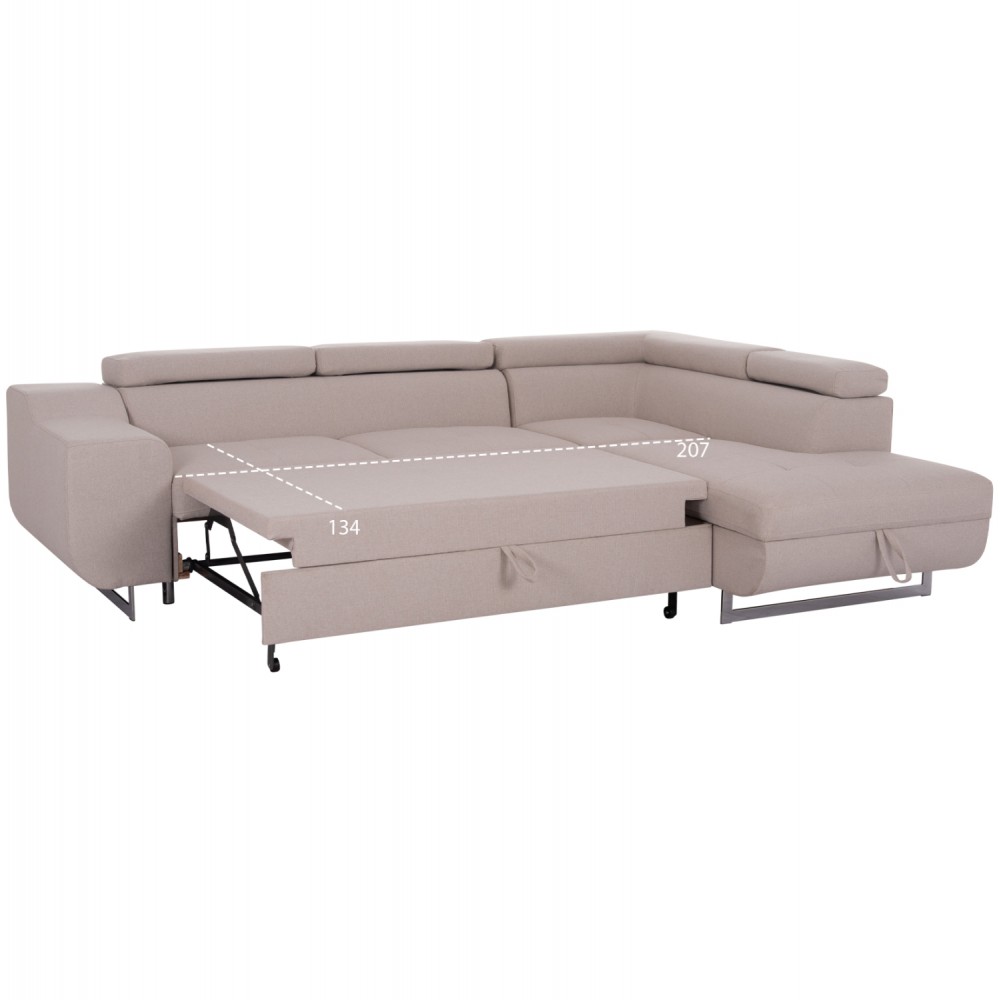 Καναπές-κρεβάτι "ENCORE" δεξιά γωνία με αποθηκευτικό χώρο από ύφασμα σε χρώμα μπεζ 285x205x90