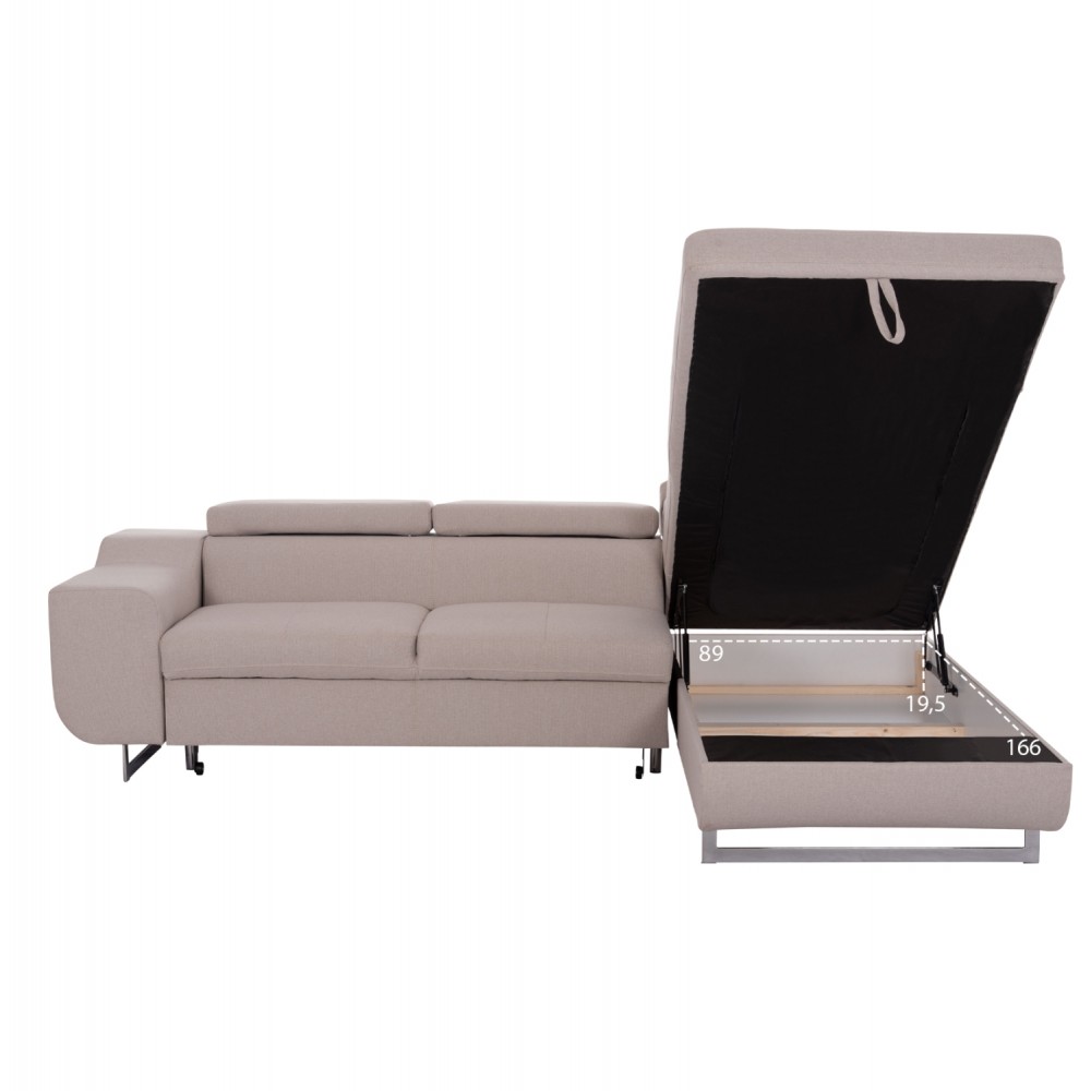 Καναπές-κρεβάτι "ENCORE" δεξιά γωνία με αποθηκευτικό χώρο από ύφασμα σε χρώμα μπεζ 285x205x90
