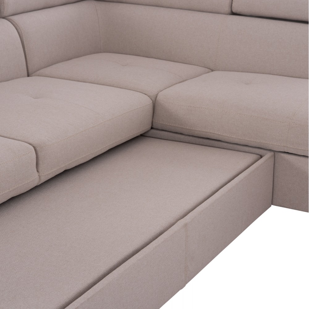 Καναπές-κρεβάτι "ENCORE" δεξιά γωνία με αποθηκευτικό χώρο από ύφασμα σε χρώμα μπεζ 285x205x90