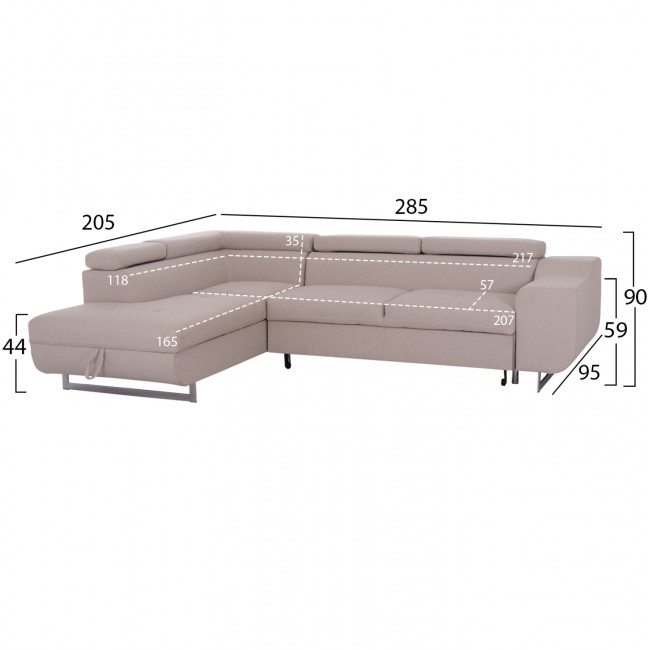 Καναπές-κρεβάτι "ENCORE" αριστερή γωνία με αποθηκευτικό χώρο από ύφασμα σε χρώμα μπεζ 285x205x90