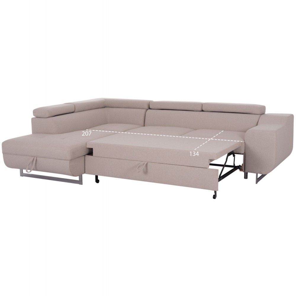 Καναπές-κρεβάτι "ENCORE" αριστερή γωνία με αποθηκευτικό χώρο από ύφασμα σε χρώμα μπεζ 285x205x90