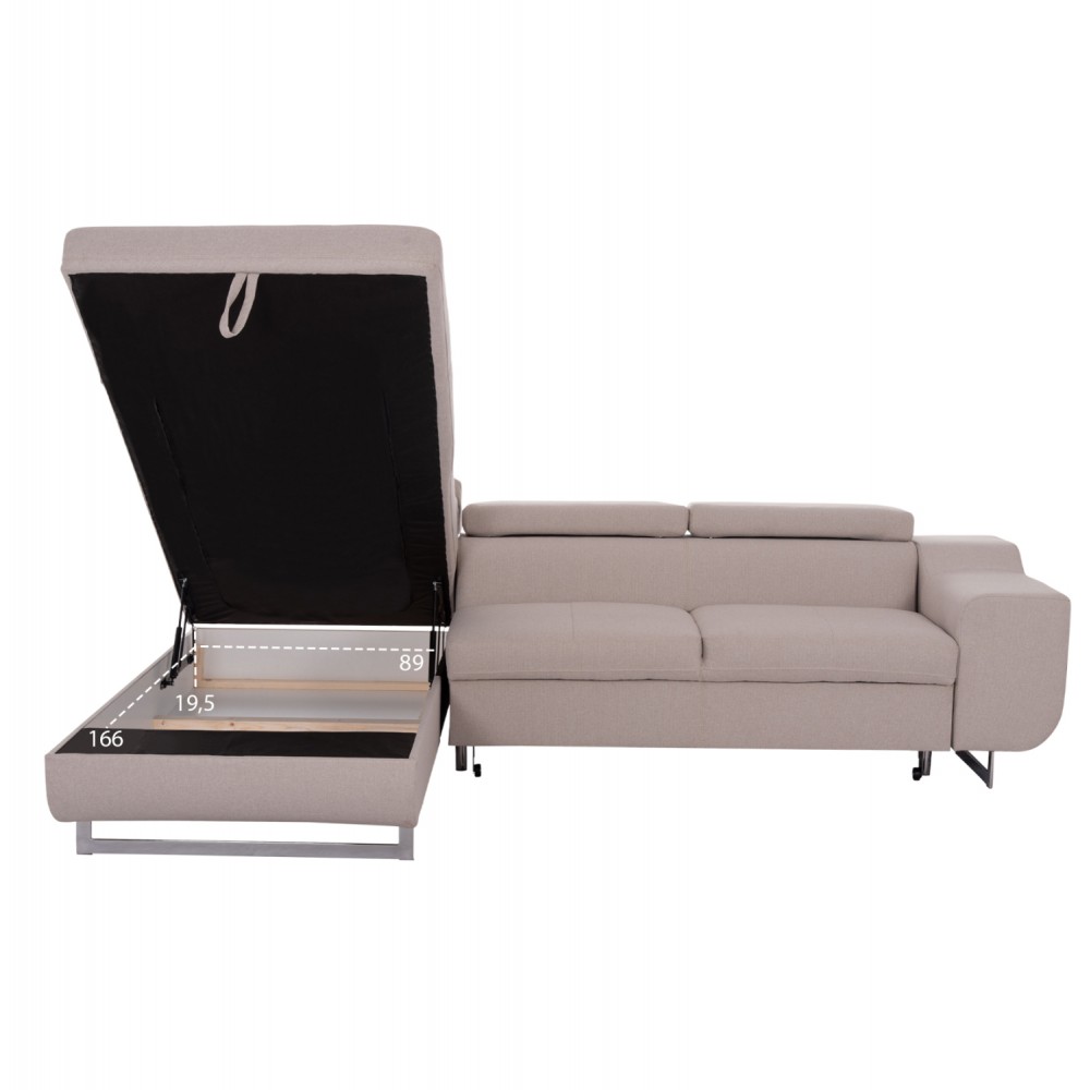 Καναπές-κρεβάτι "ENCORE" αριστερή γωνία με αποθηκευτικό χώρο από ύφασμα σε χρώμα μπεζ 285x205x90