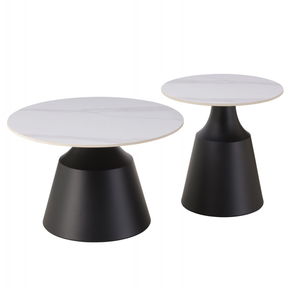 Σετ τραπέζια σαλονιού "CORREN" 2τμχ από μέταλλο/κεραμικό σε χρώμα μαύρο/λευκό μαρμάρου Φ70&Φ50