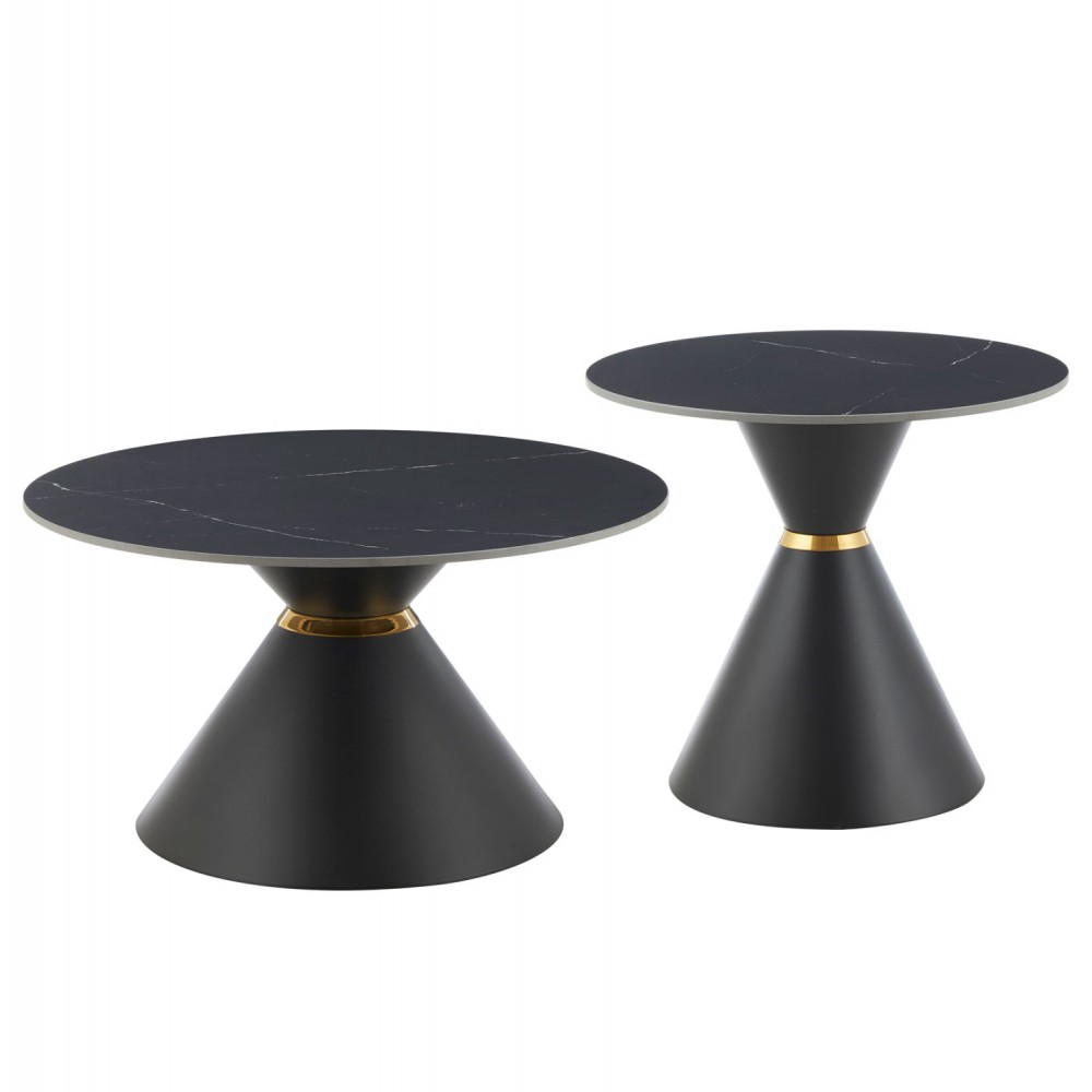 Σετ τραπέζια σαλονιού "NANDO" 2τμχ από μέταλλο/κεραμικό σε χρώμα μαύρο/μαύρο μαρμάρου Φ80&Φ60